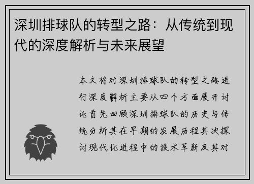 深圳排球队的转型之路：从传统到现代的深度解析与未来展望